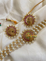 Gold look alike Pearl High Neck Choker-Round Peacock -Red Green-G6026