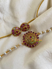 AD Stone Pearl High Neck Choker -Red-G6036