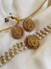 Pearl Temple High Neck Choker-Peacock -Red White-G6030