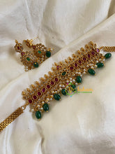 Premium AD Stone High Neck Choker –Green Bead-G6037