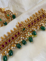 Premium AD Stone High Neck Choker –Green Bead-G6037