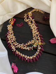 Three Layered Cluster Pearl Beaded Neckpiece-Red-P024