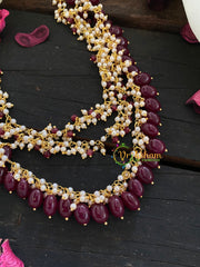 Three Layered Cluster Pearl Beaded Neckpiece-Red-P024
