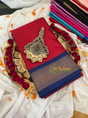 Red with Blue Border Semi Soft Silk Saree-VS255