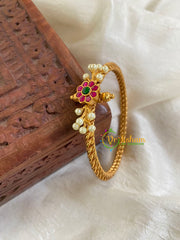 Precious Kundan Jadau Kada Bangle-Floral Pearl-Red Green-J698