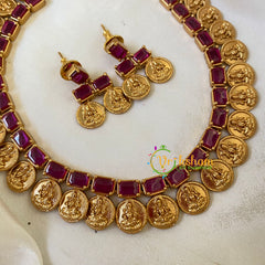 Premium Lakshmi Kaasumala Short Neckpiece -Red-G6430