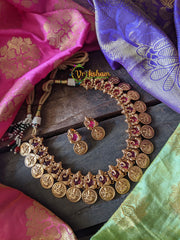 Ganesh - Lakshmi Coin Precious Kemp Neckpiece - Red-G503