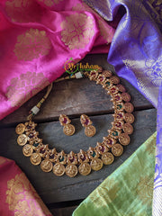 Ganesh - Lakshmi Coin Precious Kemp Neckpiece -  Red-Green-G199