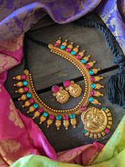 Kolhapuri Golden Temple Neckpiece -Greenish Blue and Pink -G951