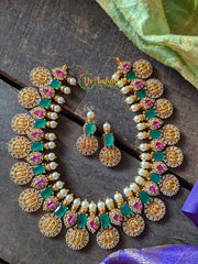 Emerald Ram parivar AD stone Coin Short Neckpiece-G313