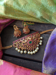 High Neck Choker - Ruby and green stone -G142