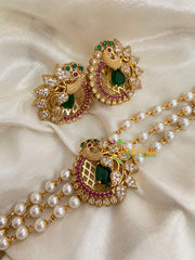 Gold look alike Pearl High Neck Choker-Peacock -Red Green-G4026