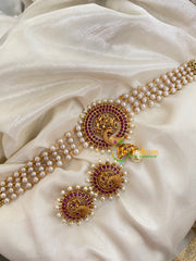 Gold look alike Pearl High Neck Choker-Peacock Jhumka-Red Green-G4035