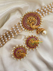 Gold look alike Pearl High Neck Choker-Peacock Jhumka-Red Green-G4035