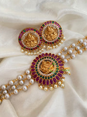 Gold look alike Lakshmi Pearl High Neck Choker-Green Red-G4039