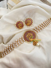 Gold look alike Pearl High Neck Choker-Peacock Jhumka-Red-G4036