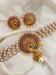 Gold look alike Pearl High Neck Choker-Peacock Jhumka-Red-G4036