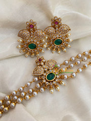 Gold look alike Pearl High Neck Choker-Flower and Leaves-Green-G4033