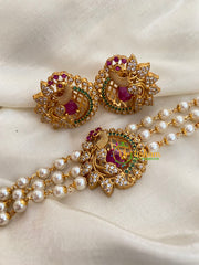 Gold look alike Pearl High Neck Choker-Peacock -Red-G4027