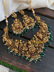 Intricate Antique Lakshmi Temple Lakshmi Short Neckpiece-Green Bead -G4008