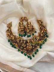 Intricate Antique Lakshmi Temple Lakshmi Short Neckpiece-Green Bead -G4008