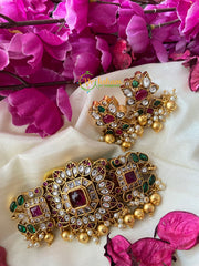 Semi Precious High Neck Choker-Red Green-Gold Bead -G2877