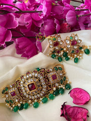 Semi Precious High Neck Choker-Red Green-Green Bead -G2876