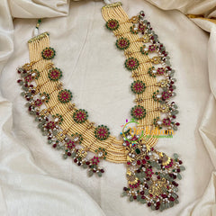 Layered White and Gold Bead Jadau Kundan Pendant Mala -J1800