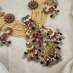 Layered White and Gold Bead Jadau Kundan Pendant Mala -J1800