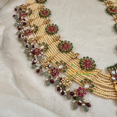 Layered White and Gold Bead Jadau Kundan Pendant Mala -J1800