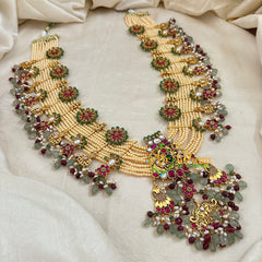 Layered White and Gold Bead Jadau Kundan Pendant Mala -J1800