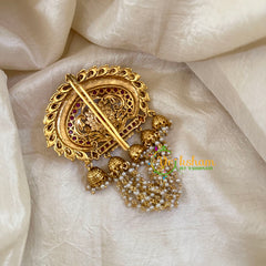 Gold Look Alike Single Jada Billai with Hanging Pearls-Red-G10621