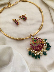 Premium AD Stone Hasli Choker-Green Bead and Pearl-G7399