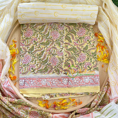 Yellow with Green Rose Jaipur Cotton Suit Material Set-VS1026