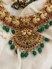 Gold Look Alike Short Neckpiece-Peacock-GreenBead-G3982