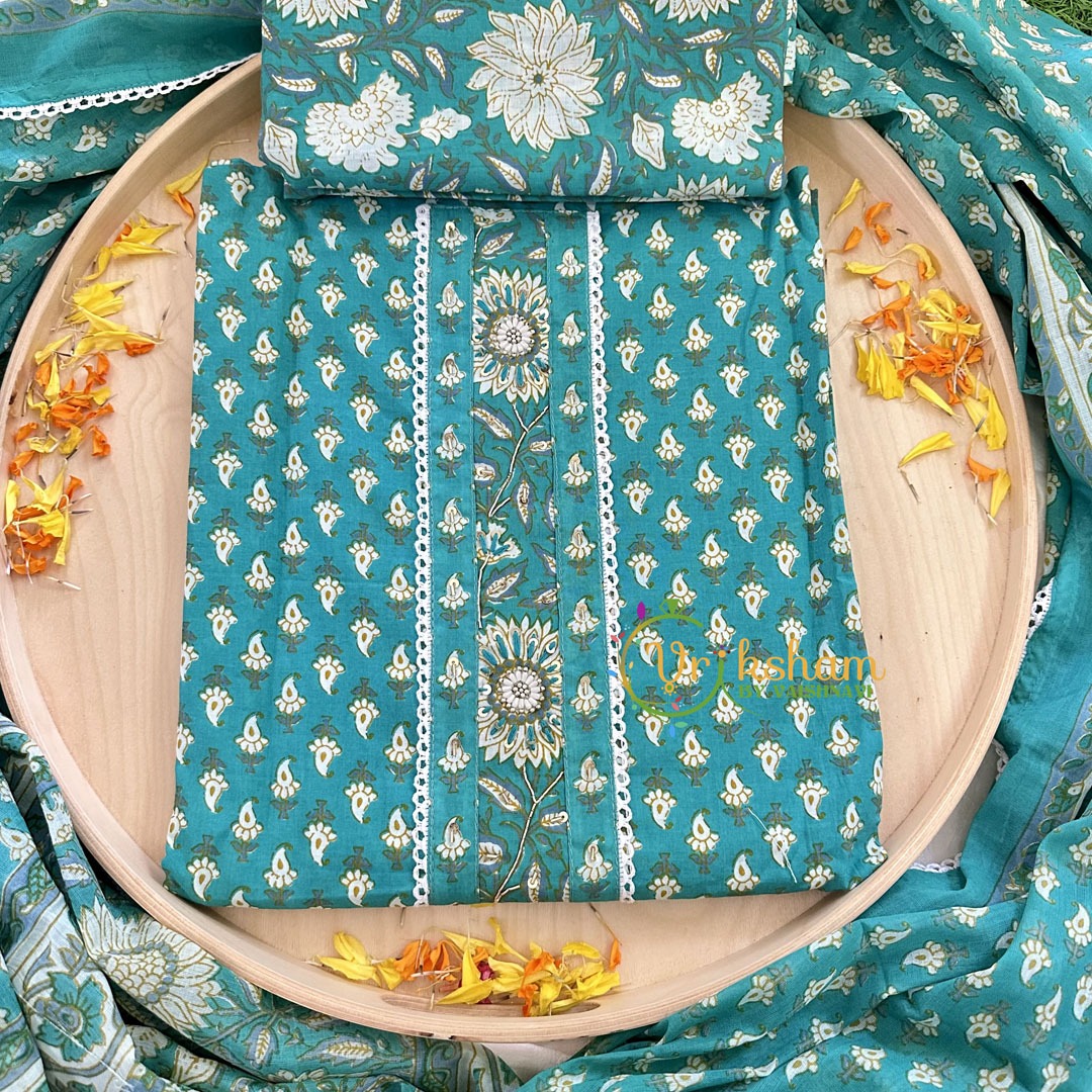 Teal Jaipur Cotton Suit Material Set-VS1132