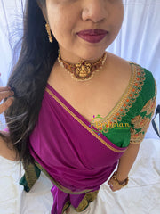 Antique Cluster Pearl Lakshmi High Neck Choker-Red Green-G5970