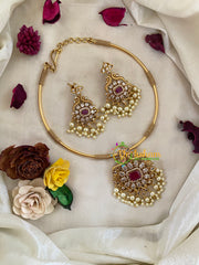 Premium AD Stone Hasli Choker-Designer Pendant-Red White-G9579