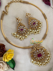 Premium AD Stone Hasli Choker-Designer Pendant-Red White-G9579