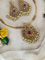 Premium AD Stone Hasli Choker-Designer Pendant-Red White-G9579