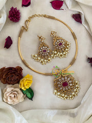 Premium AD Stone Hasli Choker-Designer Pendant-Red White-G9579