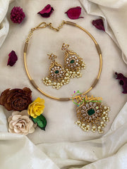 Premium AD Stone Hasli Choker-Designer Pendant-Green White-G9578