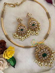 Premium AD Stone Hasli Choker-Designer Pendant-Green White-G9578