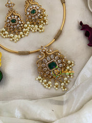 Premium AD Stone Hasli Choker-Designer Pendant-Green White-G9578