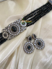 AD Stone Beaded High Neck Choker -Black -G4080