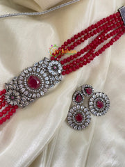 AD Stone Beaded High Neck Choker-Red-G4084
