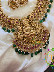 Premium AD Stone Lakshmi Haram with Mogappu-Green Bead -G7418