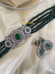 AD Stone Beaded High Neck Choker -Dark Green-G4082