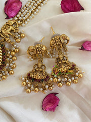 Antique Cluster Pearl Lakshmi High Neck Choker-Red Green-G5402