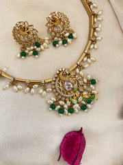 Premium Peacock AD Stone Hasli Guttapusalu Choker -White Red -G9568